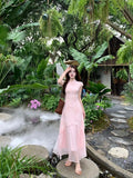 Olivegirl Pink Dress Chinese 3D Flower Cheongsam Qipao Women's Summer Plus Size Gentle and Elegant Mesh Fishtail Dress