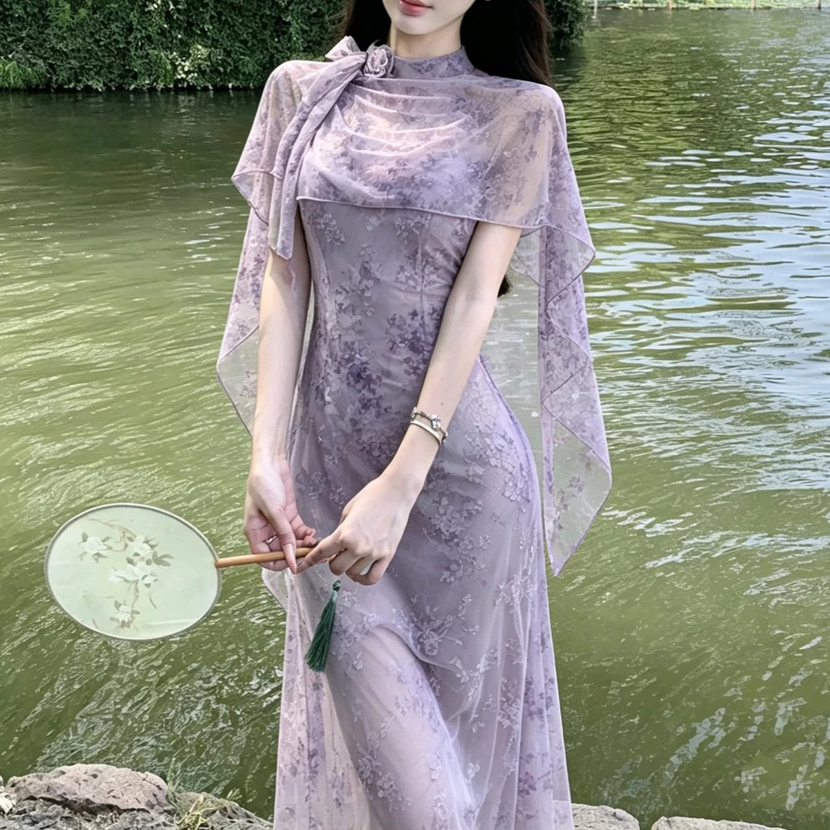 Olivegirl Sexy Dress Cheongsam Qipao 3D Flower Sleeveless Elastic Mesh Fabric Off Shoulder Purple Green Fish Tail Women's Dress