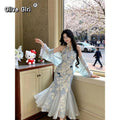 Olivegirl Summer Women's Dress Cheongsam Qipao Chinese Style Dyed Printed Gilded Gauze Improved Fishtail Dress Blue Cardigan