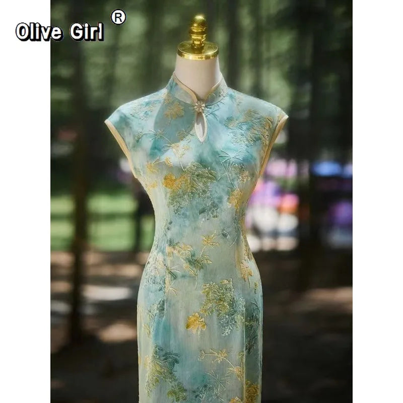 Olivegirl Women Summer Green Qipao Dress Fresh Elegant Improved Young Slim Daily Retro Traditional Chinese Clothing