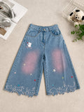 Olivegiel High Waist Cute Cartoon Cat Embroidery Denim Jean Women's Trouser Vintage Y2k Clothes Calf Length Denim Pants Harajuku