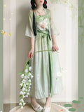 Olivegirl Hanfu Dresses Women's Song Style Green Short Shirt Flower Bud Pants Skirt Shorts Set Daily Summer Style