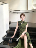 Olivegirl Ladies' Dress Sexy Chinese Dark Green Velvet Embroidered Improved Cheongsam Dress Women's Summer Hip Dress