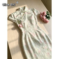 Olivegirl Cheongsam Dress Qipao Elegant Tulip Flower Lace Up Jacquard Floral Pattern Chinese Gentle and Elegant Long Dresses