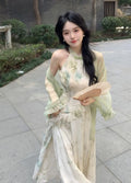 Green Cheongsam Elegant Cardigan Chinese Traditional Dress Qipao Chiffon Print Irregular Forest Dress Fairy Fashion Set