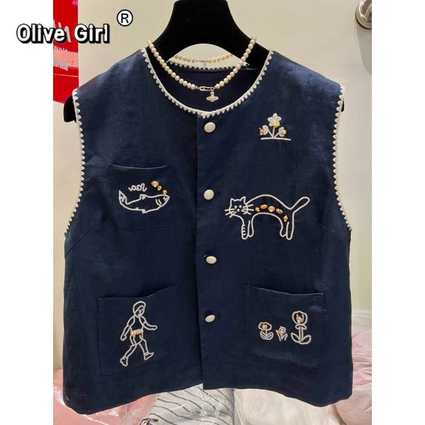 Olivegirl Fashion Retro Vest Top Sleeveless Shirt Navy Round-Neck Waistcoat Vest Summer 2026 High-End Loose Versatile Chic Top