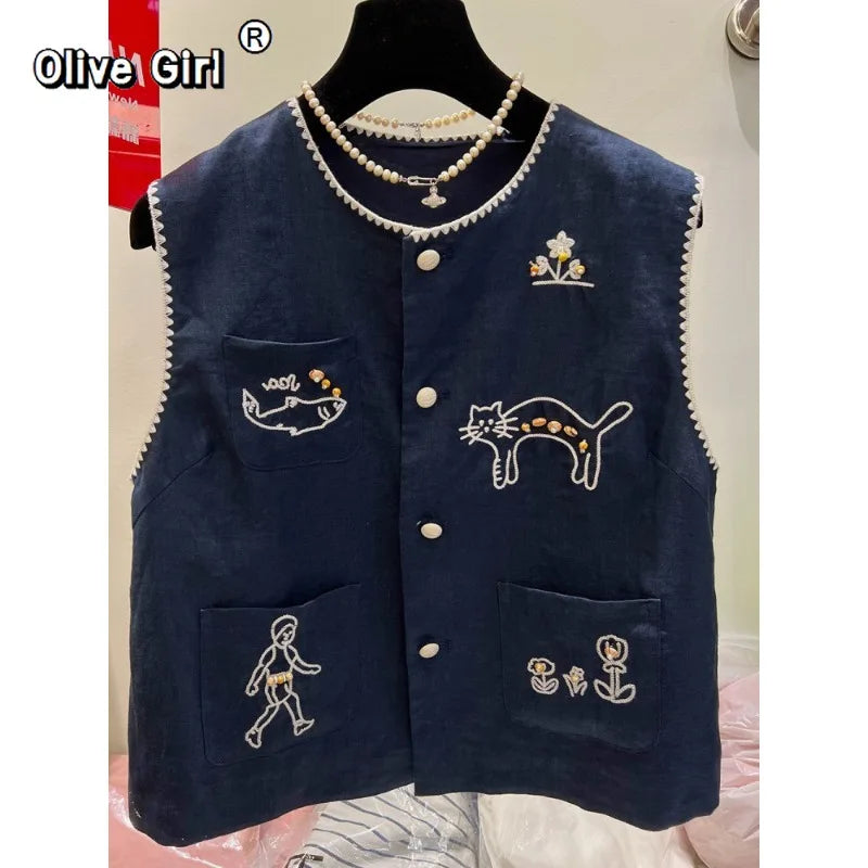 Olivegirl Fashion Retro Vest Top Sleeveless Shirt Navy Round-Neck Waistcoat Vest Summer 2026 High-End Loose Versatile Chic Top