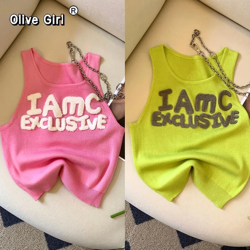 Olivegirl Tanks Camis Sweet and Cute Round-neck Halter Top for Girls Pink Green Summer Top for Young Girls Women's Clothing