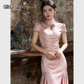 Olivegirl Pink Dresses Jacquard Fish Tail Chinese Women's Clothing 2026 Summer Retro Elegant Qipao Butterfly Cheongsam