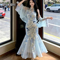 Olivegirl Summer Women's Dress Cheongsam Qipao Chinese Style Dyed Printed Gilded Gauze Improved Fishtail Dress Blue Cardigan