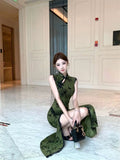 Olivegirl Ladies' Dress Sexy Chinese Dark Green Velvet Embroidered Improved Cheongsam Dress Women's Summer Hip Dress