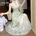 Olivegirl High End Dress Qipao Cheongsam Chinese Style Hanging Neck Dress Two-piece Set 2026 Summer Fairy Long Dresses