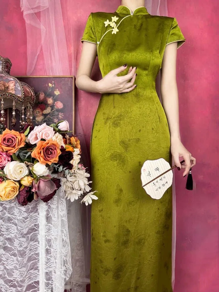 Chinese Dress Qipao Green Improved Cheongsam Summer Down Big Sleeves High End Long Dress Traditional Chinese Clothing