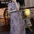Embroidered Dress 2026 Purple Chinese Dress Qipao Printing Flower Slim Temperament Elegant Chinese Women Buckle Cheongsams