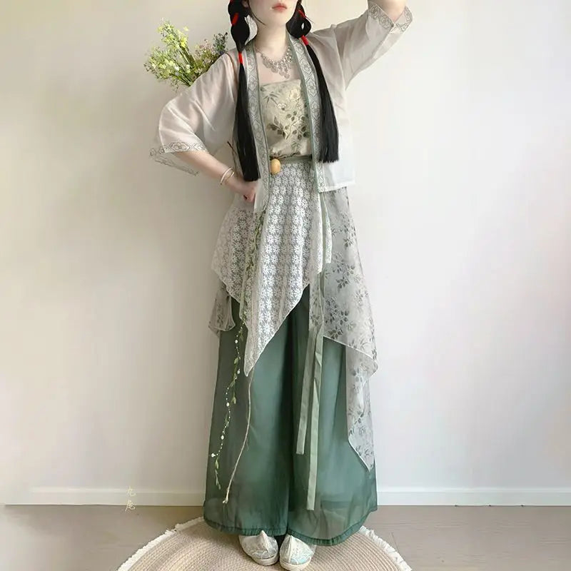 Olivegirl Hanfu Women's Clothing Chinese Style Short Shirt Suspender Print Elegant Sweet Song Pants Daily Outfit Summer Cosplay