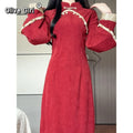 Embroidered Vest Qipao Dress Cheongsams Two-piece Set Red New Year Autumn Winter 2025 High-end Elegant Waist Cinching Dress