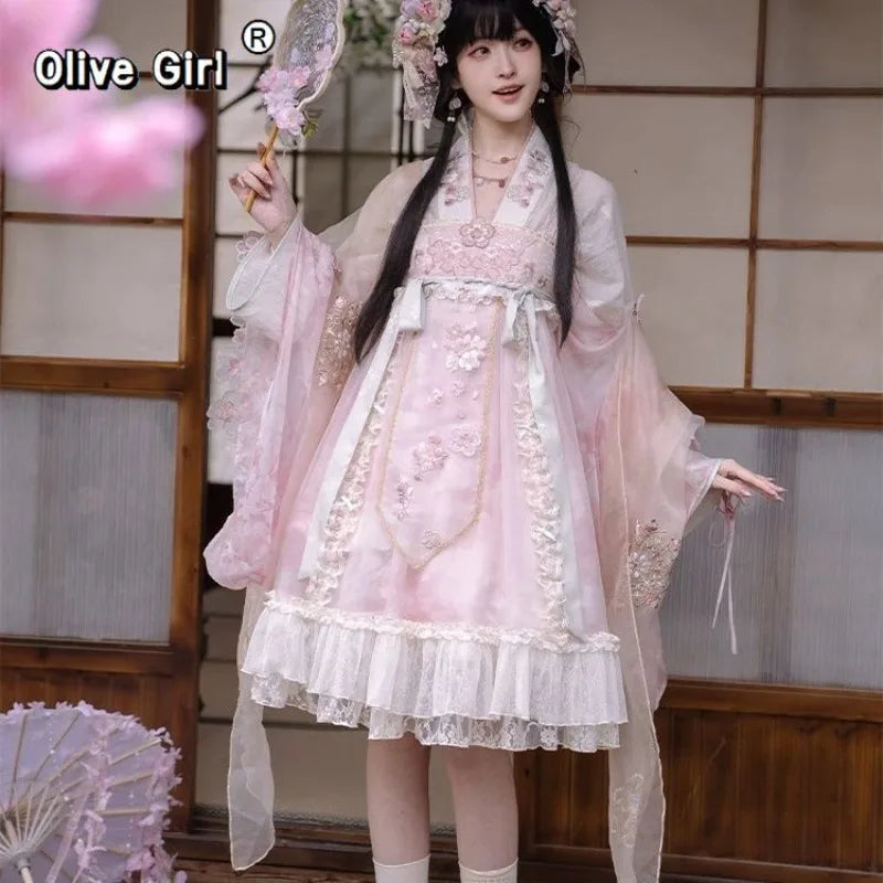 Olivegirl Hanfu Dress Women's Cosplay Front-Open Shirt Bust-Length Short Strap Dress Sleeve Cherry Pink Cute Three-Piece Set
