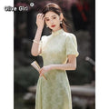 Olivegirl Green Dress Qipao Elegant Cheongsam Jacquard 2026 Summer Young Girls Chinese Style Dress  Long Women's Clothing