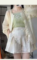 Improved Hanfu Shorts Set | Embroidered Floral Shirt & Suspender | Modern Chinese Summer Outfit
