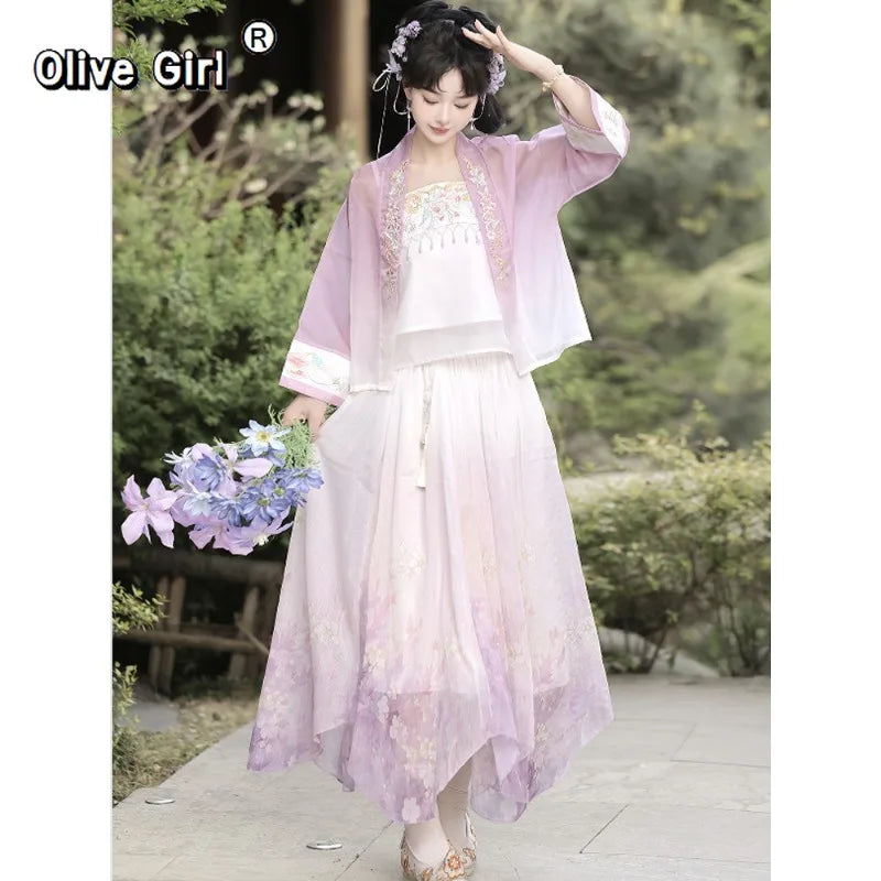 Olivegirl 2026 Chinese Embroidered Flower Shirt Exquisite Strap Irregular Short Skirt Song Dynasty Hanfu Summer Women's Clothing