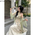 Green Cheongsam Elegant Cardigan Chinese Traditional Dress Qipao Chiffon Print Irregular Forest Dress Fairy Fashion Set