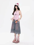 Olivegiel High Waist Cute Cartoon Cat Embroidery Denim Jean Women's Trouser Vintage Y2k Clothes Calf Length Denim Pants Harajuku