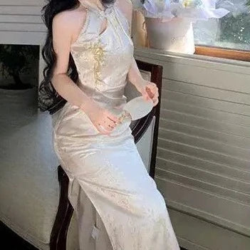 Olivegirl 2026 Summer Women's Dress Elegant Phantom Sheer Wrap Jacquard Qipao Cheongsams Open-Back Cutout Embroidered Shawl Set