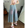Olivegiel High Waist Cute Cartoon Cat Embroidery Denim Jean Women's Trouser Vintage Y2k Clothes Calf Length Denim Pants Harajuku