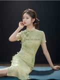 Green Dress Traditional Chinese Cheongsam Short Sleeve Retro Young Girl Improved Cheongsam Modern Summer 2024 Women's Clothes