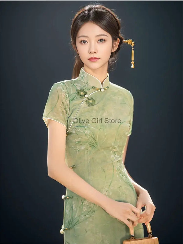 Green Dress Traditional Chinese Cheongsam Short Sleeve Retro Young Girl Improved Cheongsam Modern Summer 2024 Women's Clothes