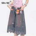 Olivegiel High Waist Cute Cartoon Cat Embroidery Denim Jean Women's Trouser Vintage Y2k Clothes Calf Length Denim Pants Harajuku