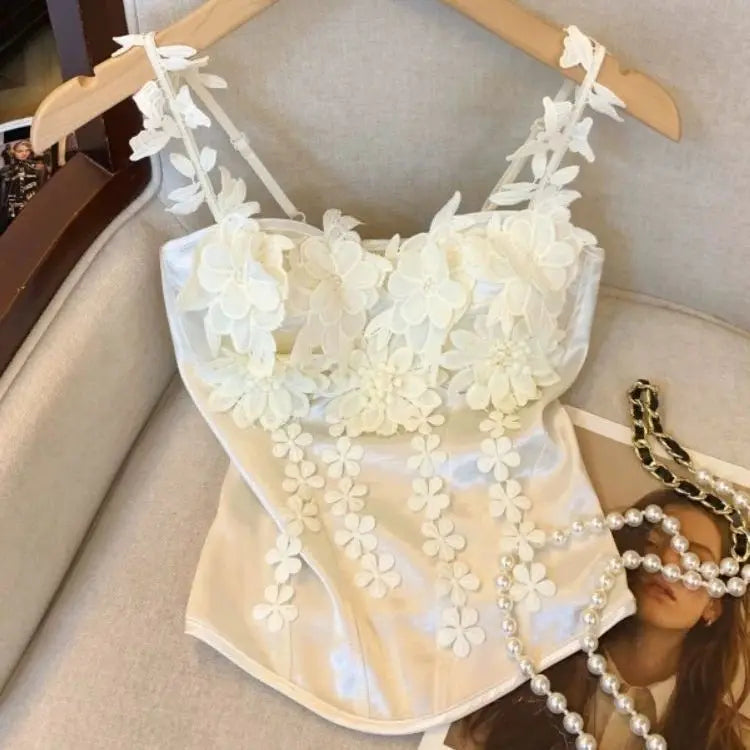 Olivegirl French Sexy 3D Floral Satin Fishbone Tank Top for Women Camis 2026 Summer New High-end Spicy Girl Top
