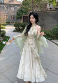 Green Cheongsam Elegant Cardigan Chinese Traditional Dress Qipao Chiffon Print Irregular Forest Dress Fairy Fashion Set