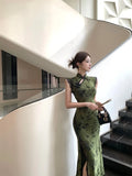 Olivegirl Ladies' Dress Sexy Chinese Dark Green Velvet Embroidered Improved Cheongsam Dress Women's Summer Hip Dress