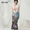 Olivegirl French Dress Printed Floral Fishtail Dress for Beach Vacation Sleeveless Women's Clothing High-end Sexy Temperament