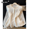Olivegirl Women's Shirt Blouse High-end Jacquard Embroidery Beaded Lace Long Sleeved Shirt for Spring and Summer