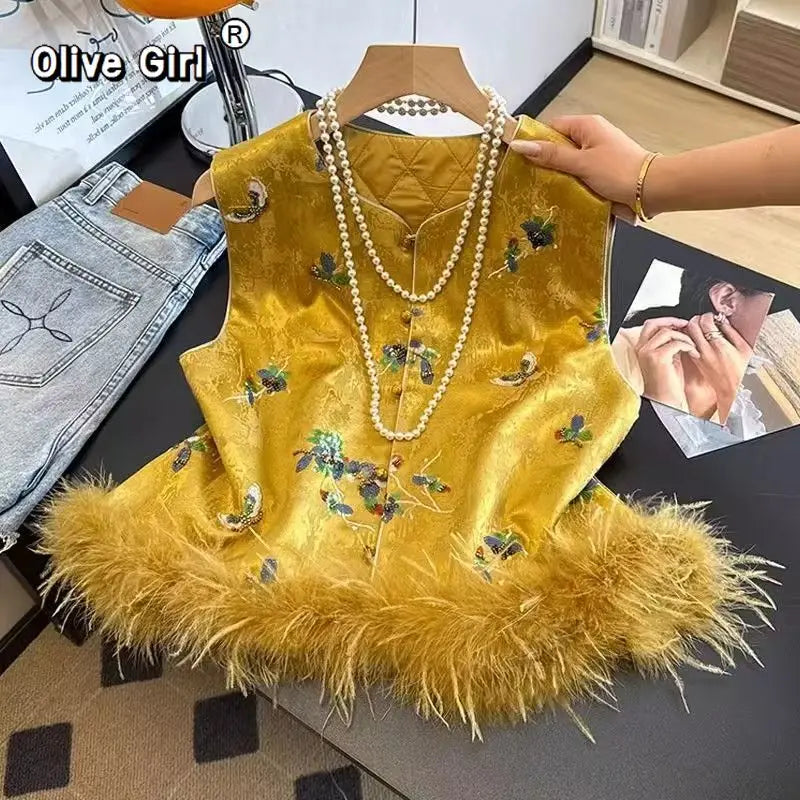Elegant Vest Women's Clothes 2026 Autumn Feather Splicing Top Traditional Chinese Clothing Coats Jackets