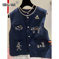 Olivegirl Fashion Retro Vest Top Sleeveless Shirt Navy Round-Neck Waistcoat Vest Summer 2026 High-End Loose Versatile Chic Top