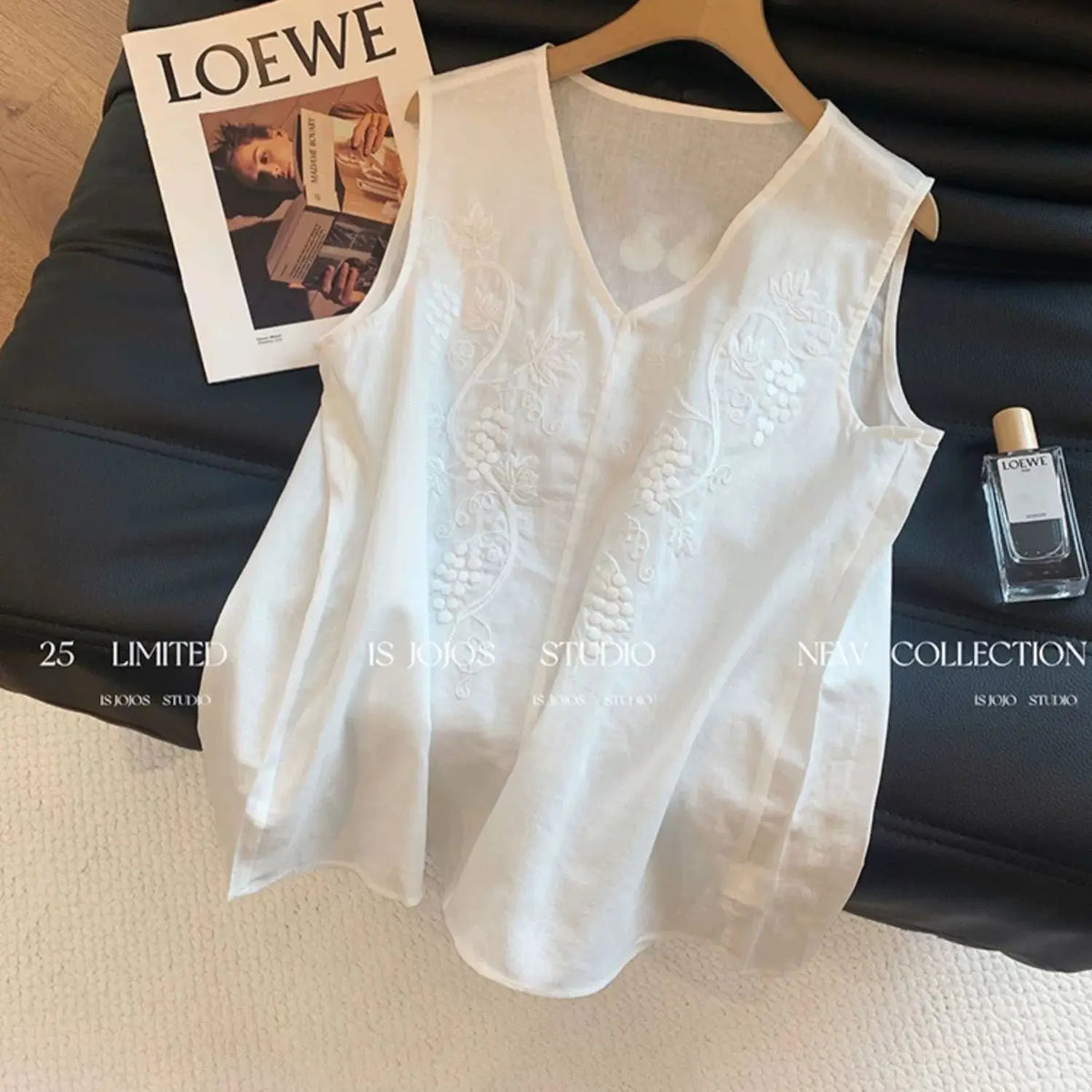 Olivegirl White Strappy Top Women's Shirt Embroidery V-Neck Linen Strappy Top Women's Summer 2026 Loose Fit Sleeveless Shirt