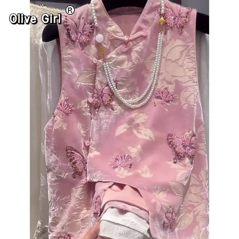 Olivegirl Chinese-style Pink Jacquard Embroidered Vest Women's Top 2026 Spring Hanfu-style Outerwear Vest Clothing