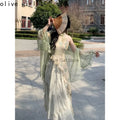 Green Cheongsam Elegant Cardigan Chinese Traditional Dress Qipao Chiffon Print Irregular Forest Dress Fairy Fashion Set