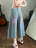 Olivegiel High Waist Cute Cartoon Cat Embroidery Denim Jean Women's Trouser Vintage Y2k Clothes Calf Length Denim Pants Harajuku