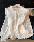 Olivegirl Women's Shirt Blouse High-end Jacquard Embroidery Beaded Lace Long Sleeved Shirt for Spring and Summer