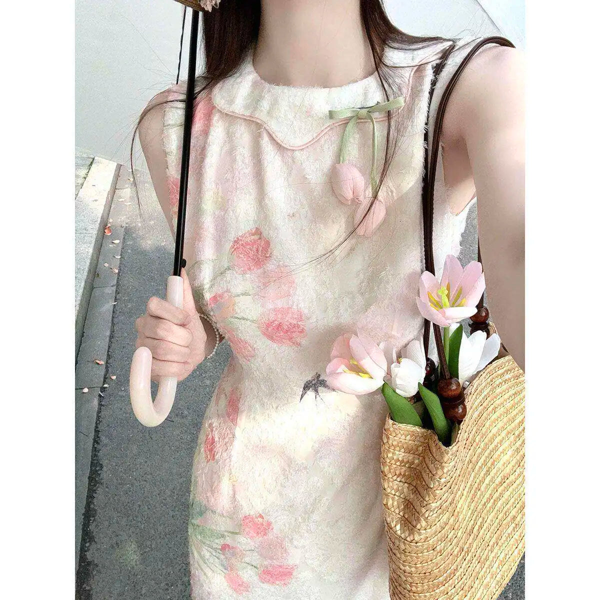 Olivegirl 2026 Summer Dress Tulip Chinese Petal-Necked Print Sleeveless Wrap-Up Bodice-Chasing Qipao Cheongsams Dresses