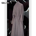Grey Sequined Waist Cinched Cardigan Jacket Wrap Coat Trench V-neck Elegant High-end Fabric Mid Length Top Women's Clothing