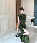 Olivegirl Ladies' Dress Sexy Chinese Dark Green Velvet Embroidered Improved Cheongsam Dress Women's Summer Hip Dress
