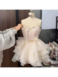 Olivegirl Princess Dress Beaded Fishbone Floral Strap Dress Puffed Adult High-end Light Luxury Birthday Party Dress Ruffled