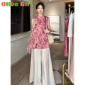 Olive Girl Top Oversized Women's Clothing Summer Large Size Chinese Traditional Jacquard Sleeveless Top Loose Wide Leg Pants