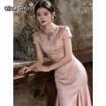 Olivegirl Pink Dresses Jacquard Fish Tail Chinese Women's Clothing 2026 Summer Retro Elegant Qipao Butterfly Cheongsam