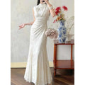 Olivegirl Wedding Dress Women's Qipao Cheongsam Jacquard White Retro Engagement Fish Tail Dress High-end Bridal Welcome Dress